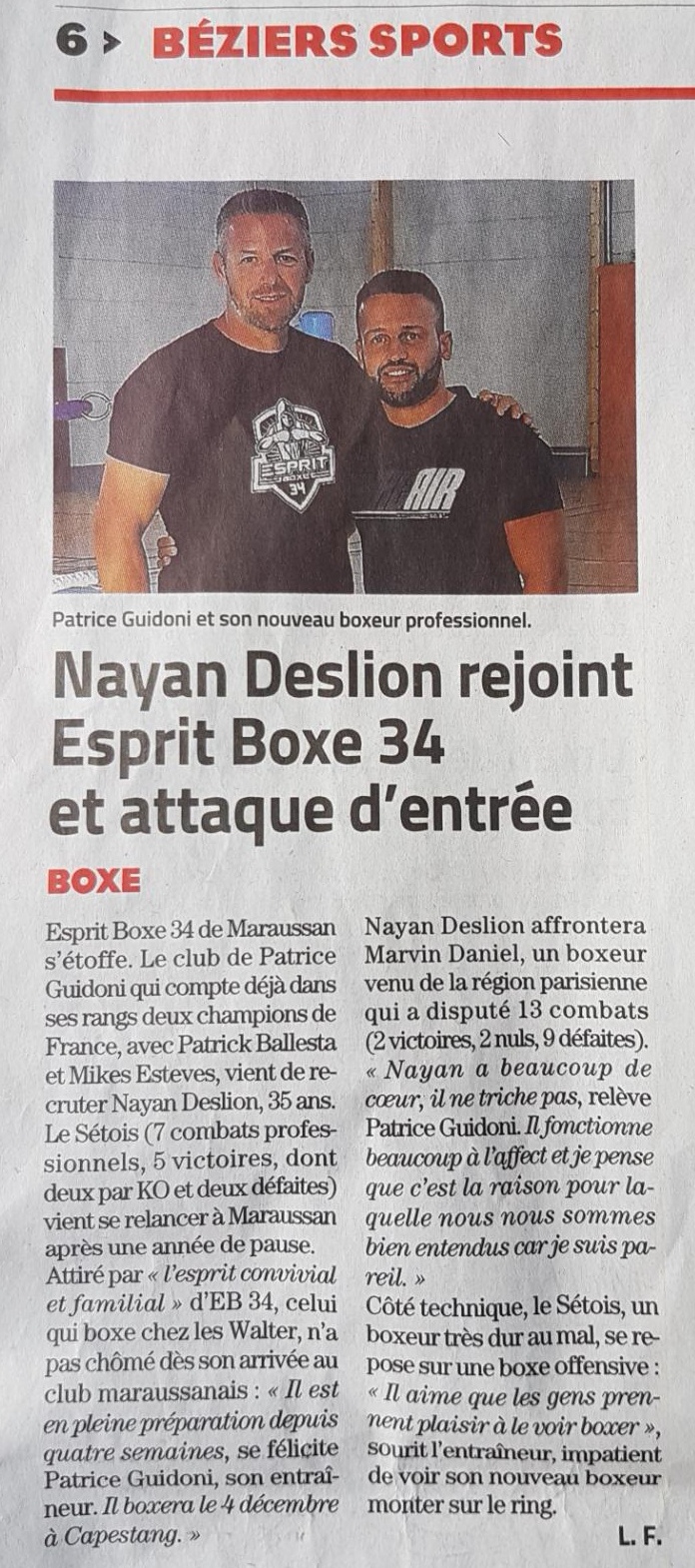Nayan DESLION rejoint Esprit Boxe 34 et attaque d'entrée