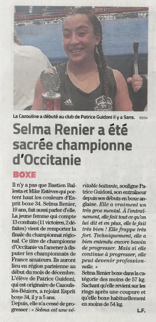 Selma RENIER sacrée Championne d'Occitanie